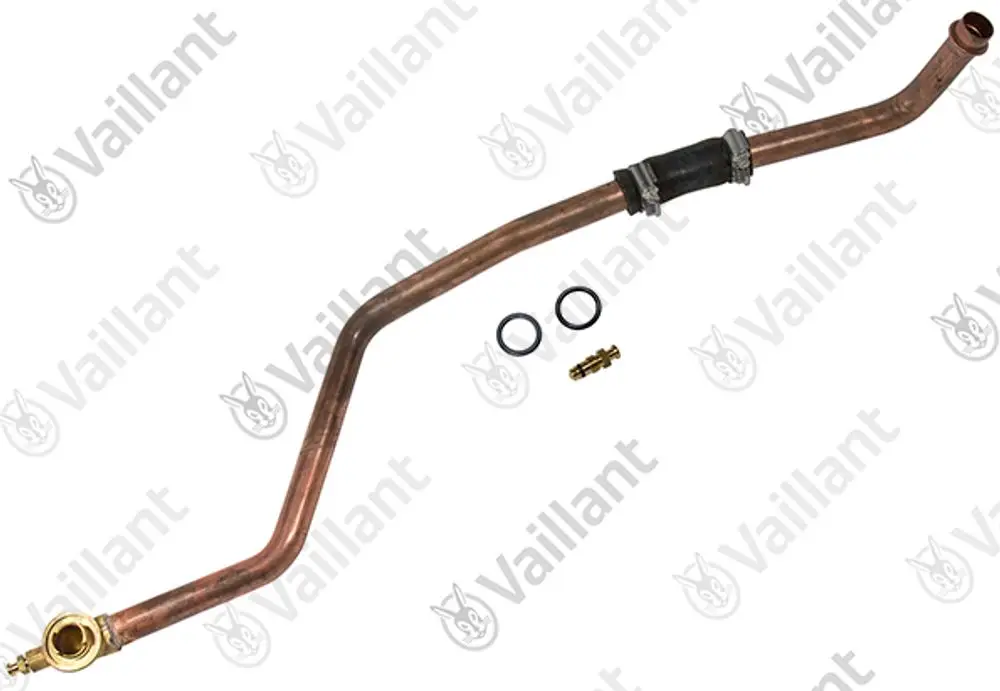 Vaillant Rohr in gebogener Form, hergestellt aus Kupfer, mit angebrachten Gummiadaptern und Befestigungsstücken, zur Verwendung in Heizsystemen.